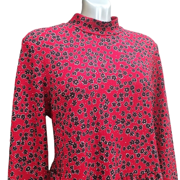 River Island Red Dress Size 18 Ditsy Floral Long Sleeve Mock Neck Tiered - Picture 2 of 11